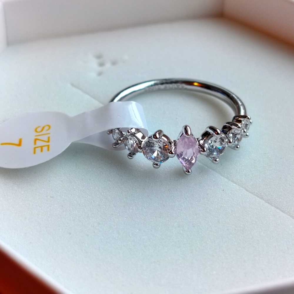 Bomb party ring follow the love pink opal size 7 rhodium plating